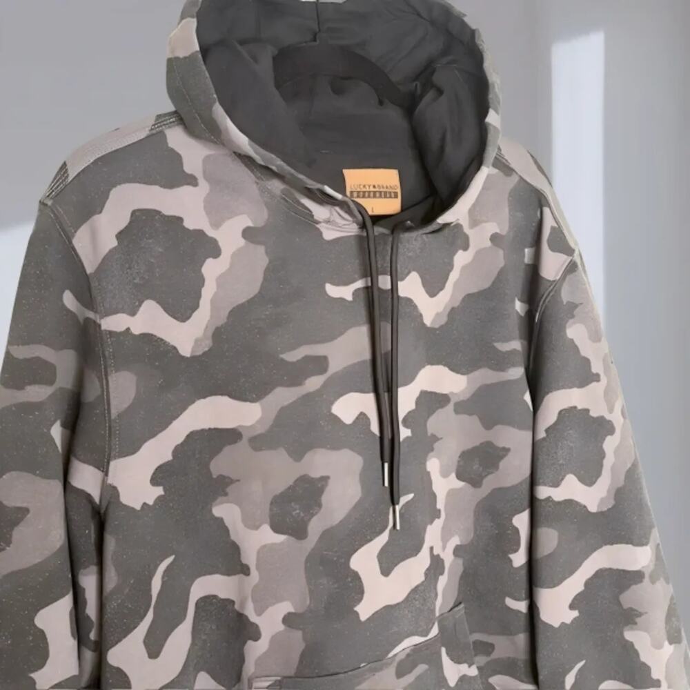 Lucky Brand Workwear Camo Pullover Hoodie – Gray & Taupe Camouflage (Men’s L)